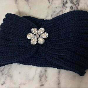 Navy Blue Knit Headband with Crystal Flower